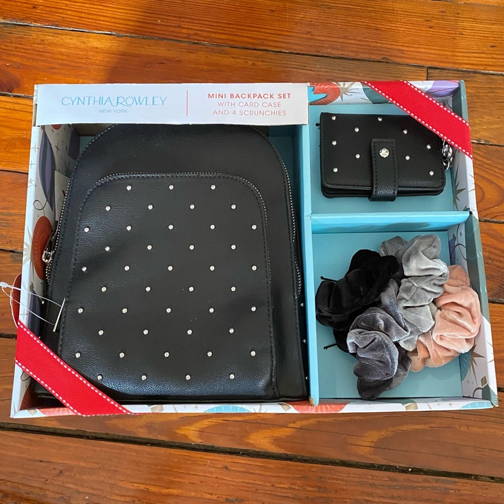 Cynthia Rowley Black Studded Mini Backpack Card Case & Velour Scrunchies NIB